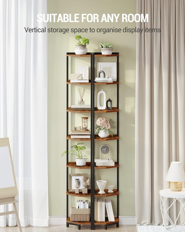 Alt view image 3 of 7 - Corner Shelf Stand 7-Tier Corner Bookshelf Storage Standing Shelf | Bookcase Plant Stand with Metal Frame for Living Room, Home Office, Bedroom, Rustic Brown CS07001B