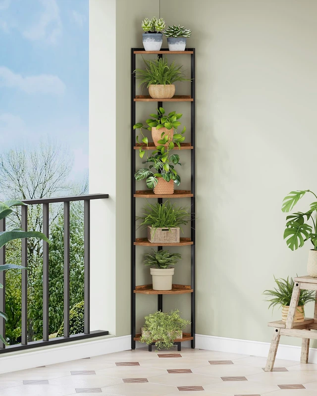 Alt view image 4 of 7 - Corner Shelf Stand 7-Tier Corner Bookshelf Storage Standing Shelf | Bookcase Plant Stand with Metal Frame for Living Room, Home Office, Bedroom, Rustic Brown CS07001B