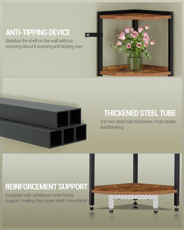 Alt view image 7 of 7 - Corner Shelf Stand 7-Tier Corner Bookshelf Storage Standing Shelf | Bookcase Plant Stand with Metal Frame for Living Room, Home Office, Bedroom, Rustic Brown CS07001B