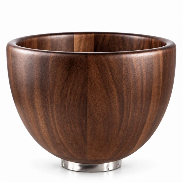 Main image of Premium Solid Walnut Wood Mixing Bowl Compatible with 4.5 & 5 QT Tilt-Head Models Natural Wooden Bowl with Stainless Steel Locking Base