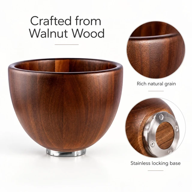 Alt view image 3 of 4 - Premium Solid Walnut Wood Mixing Bowl Compatible with 4.5 & 5 QT Tilt-Head Models Natural Wooden Bowl with Stainless Steel Locking Base