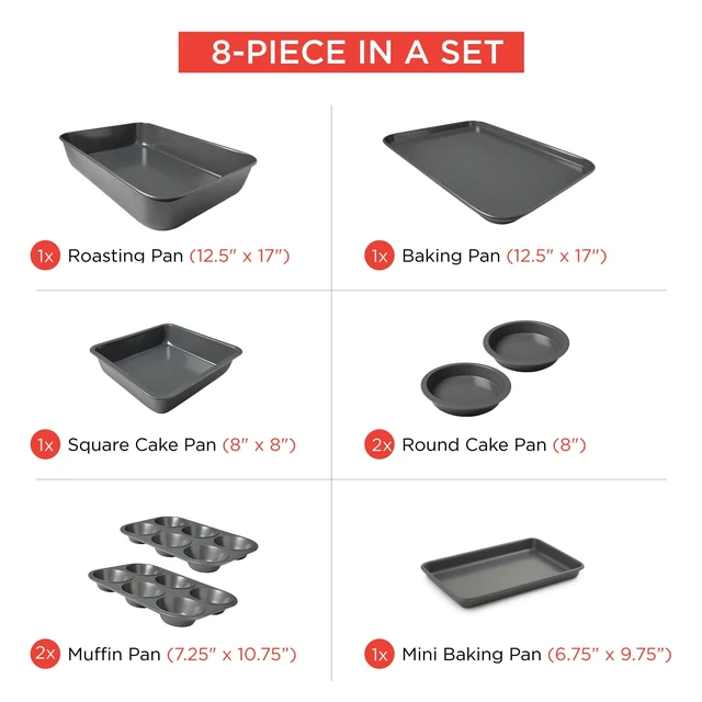 Alt view image 3 of 7 - Home 8 Piece Nesting Bakeware Set, Nonstick Cookie Sheets and Tins | 8 piece baking set, nonstick baking pan set, muffin pan, cake tins, nests into one 17.6in stack