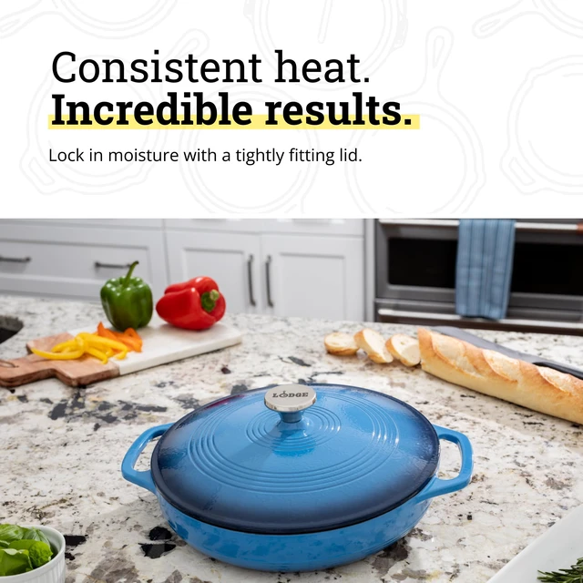 Alt view image 4 of 7 - Essential Enamel Cast Iron Braiser, 3.6 Quart, Caribbean Blue | Refrigerator- & Oven-Safe up to 500°F, Induction-Safe, Heat-Retaining, Non-Toxic Enamel Braiser Cookware