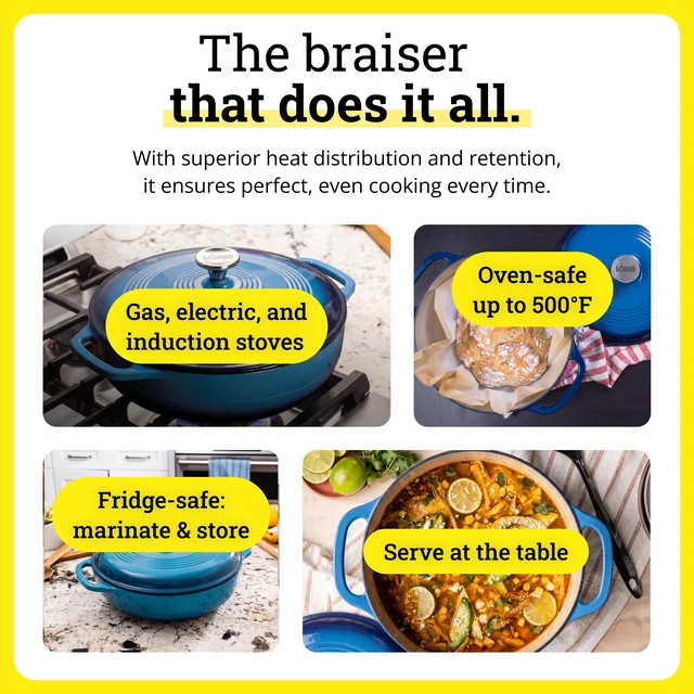 Alt view image 5 of 7 - Essential Enamel Cast Iron Braiser, 3.6 Quart, Caribbean Blue | Refrigerator- & Oven-Safe up to 500°F, Induction-Safe, Heat-Retaining, Non-Toxic Enamel Braiser Cookware