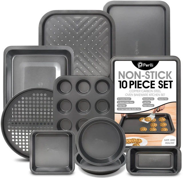 Main image of Non-Stick 10-Piece Bakeware Set Carbon Steel with Even Heat Distribution, Oven Safe to 446°F, BPA-Free, Dishwasher Safe, Stackable Baking Tools for Easy Storage and Everyday Cooking - Gray