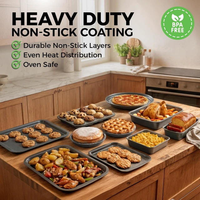 Alt view image 3 of 7 - Non-Stick 10-Piece Bakeware Set Carbon Steel with Even Heat Distribution, Oven Safe to 446°F, BPA-Free, Dishwasher Safe, Stackable Baking Tools for Easy Storage and Everyday Cooking - Gray