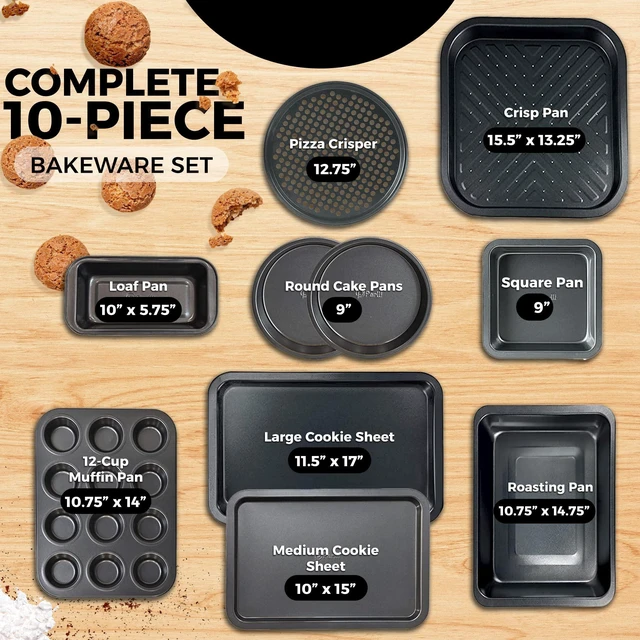 Alt view image 2 of 7 - Non-Stick 10-Piece Bakeware Set Carbon Steel with Even Heat Distribution, Oven Safe to 446°F, BPA-Free, Dishwasher Safe, Stackable Baking Tools for Easy Storage and Everyday Cooking - Gray