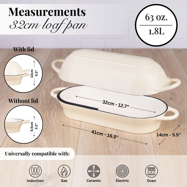 Alt view image 2 of 7 - Enamelled Cast Iron Bread Loaf Pot Dutch Oven For Sourdough Bread Baking Oven Safe Non Stick Bread Pot Rectangular, Cream, 34cm x 16cm