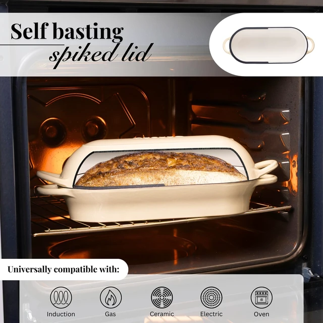 Alt view image 3 of 7 - Enamelled Cast Iron Bread Loaf Pot Dutch Oven For Sourdough Bread Baking Oven Safe Non Stick Bread Pot Rectangular, Cream, 34cm x 16cm