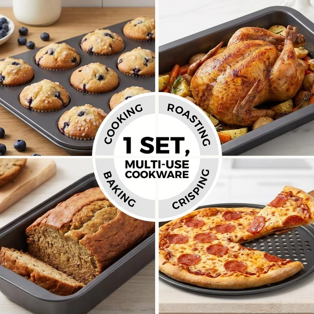 Alt view image 5 of 7 - Non-Stick 10-Piece Bakeware Set Carbon Steel with Even Heat Distribution, Oven Safe to 446°F, BPA-Free, Dishwasher Safe, Stackable Baking Tools for Easy Storage and Everyday Cooking - Gray