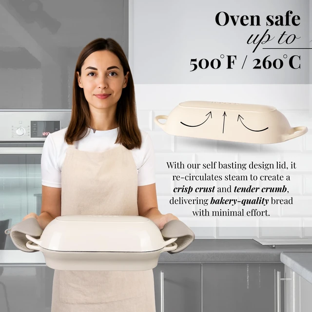 Alt view image 5 of 7 - Enamelled Cast Iron Bread Loaf Pot Dutch Oven For Sourdough Bread Baking Oven Safe Non Stick Bread Pot Rectangular, Cream, 34cm x 16cm