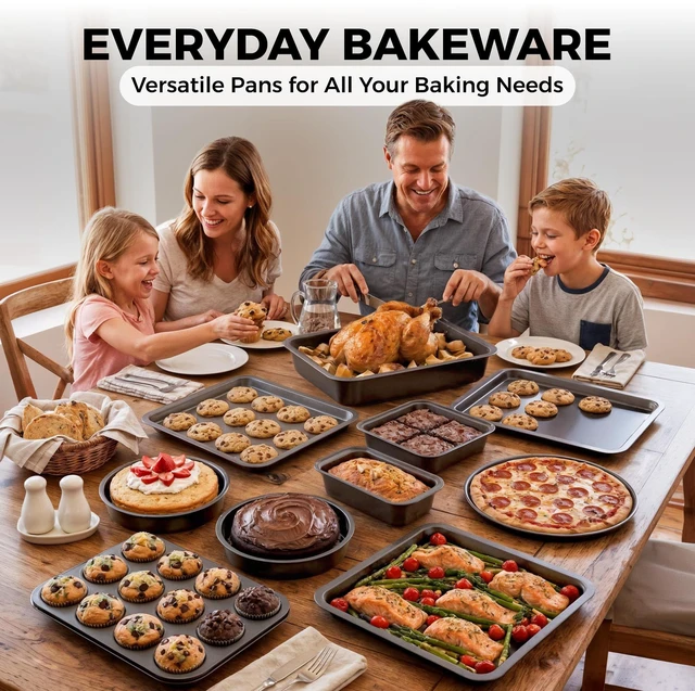 Alt view image 7 of 7 - Non-Stick 10-Piece Bakeware Set Carbon Steel with Even Heat Distribution, Oven Safe to 446°F, BPA-Free, Dishwasher Safe, Stackable Baking Tools for Easy Storage and Everyday Cooking - Gray