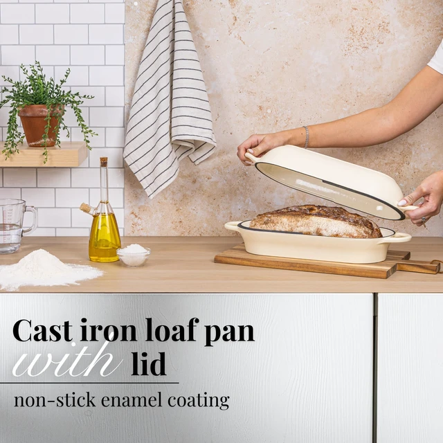 Alt view image 6 of 7 - Enamelled Cast Iron Bread Loaf Pot Dutch Oven For Sourdough Bread Baking Oven Safe Non Stick Bread Pot Rectangular, Cream, 34cm x 16cm