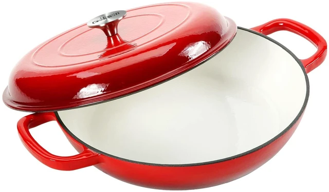 Main image of 3.8 Quart Enameled Cast Iron Braiser Pan with Lid, Shallow Dutch Oven, Red | Self-Basting Lid Helps Retain Moisture, Even Heating for Braising, Roasting & Slow Cooking, Oven-Safe 500°F, Dual Handles