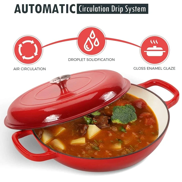 Alt view image 3 of 7 - 3.8 Quart Enameled Cast Iron Braiser Pan with Lid, Shallow Dutch Oven, Red | Self-Basting Lid Helps Retain Moisture, Even Heating for Braising, Roasting & Slow Cooking, Oven-Safe 500°F, Dual Handles