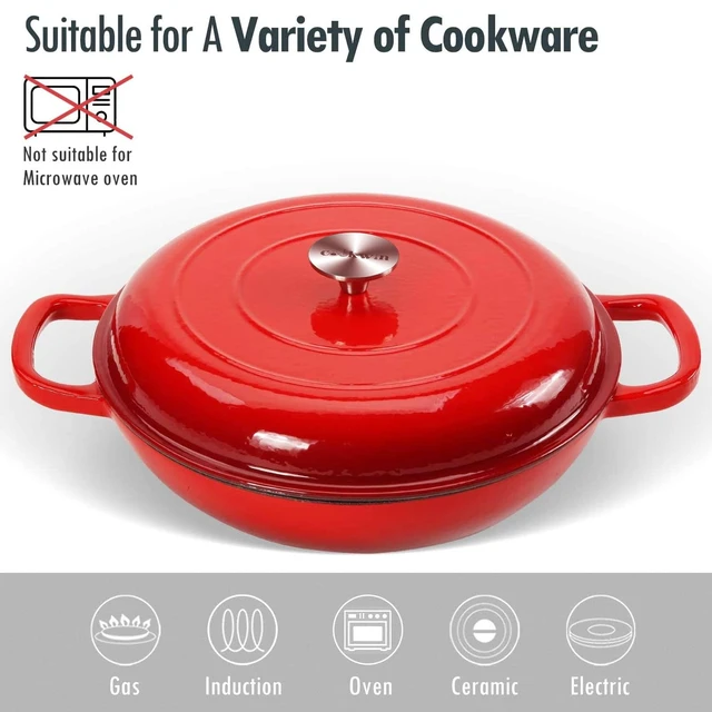 Alt view image 4 of 7 - 3.8 Quart Enameled Cast Iron Braiser Pan with Lid, Shallow Dutch Oven, Red | Self-Basting Lid Helps Retain Moisture, Even Heating for Braising, Roasting & Slow Cooking, Oven-Safe 500°F, Dual Handles