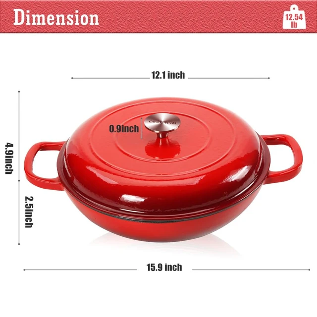 Alt view image 5 of 7 - 3.8 Quart Enameled Cast Iron Braiser Pan with Lid, Shallow Dutch Oven, Red | Self-Basting Lid Helps Retain Moisture, Even Heating for Braising, Roasting & Slow Cooking, Oven-Safe 500°F, Dual Handles