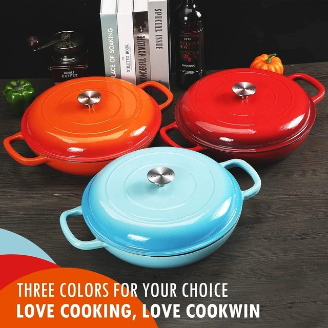 Alt view image 7 of 7 - 3.8 Quart Enameled Cast Iron Braiser Pan with Lid, Shallow Dutch Oven, Red | Self-Basting Lid Helps Retain Moisture, Even Heating for Braising, Roasting & Slow Cooking, Oven-Safe 500°F, Dual Handles