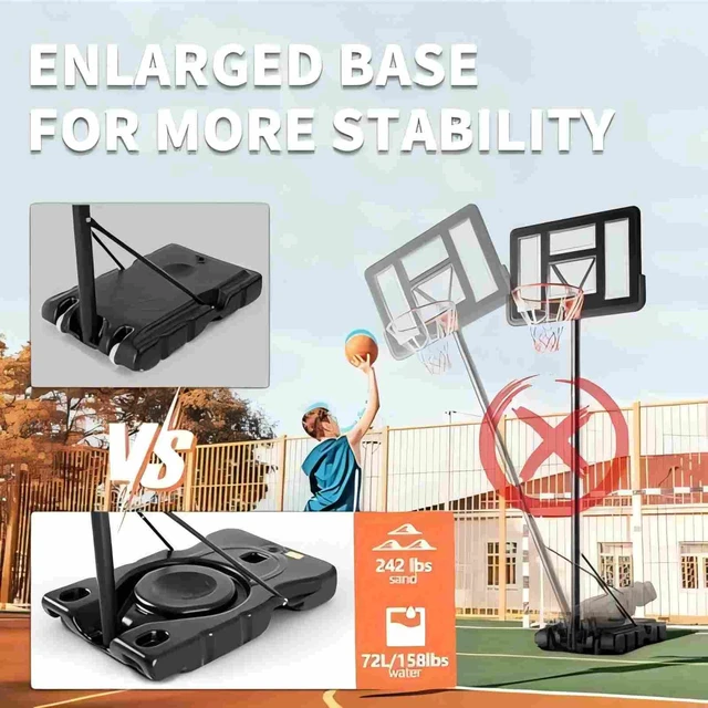 Alt view image 2 of 7 - 10FT Adjustable Height Portable Basketball Hoop Outdoor for Adult, 44 Inch Shatterproof Backboard w/Shock Absorbent Rim, Fillable Base, 2 Wheels for Swimming Pool/Indoor, Metal, Classic Black