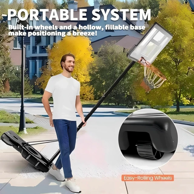 Alt view image 3 of 7 - 10FT Adjustable Height Portable Basketball Hoop Outdoor for Adult, 44 Inch Shatterproof Backboard w/Shock Absorbent Rim, Fillable Base, 2 Wheels for Swimming Pool/Indoor, Metal, Classic Black