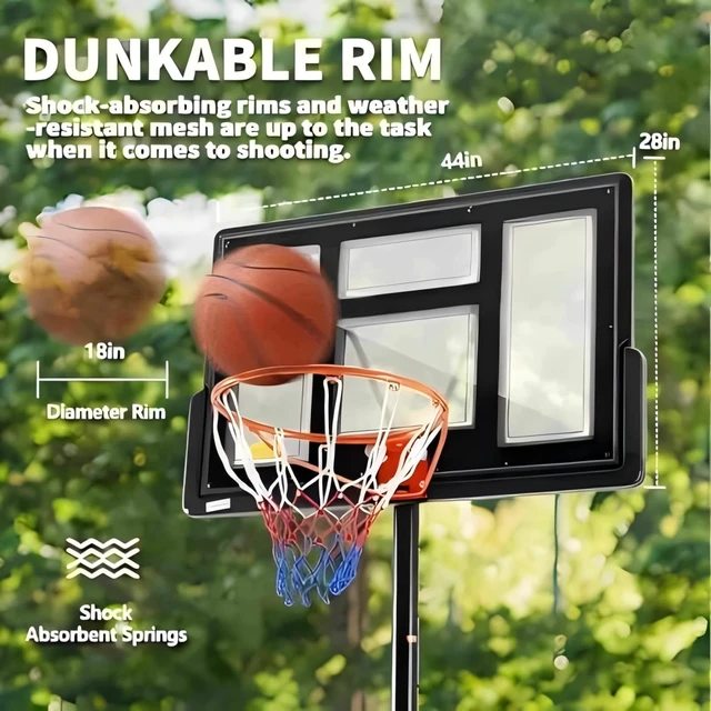 Alt view image 4 of 7 - 10FT Adjustable Height Portable Basketball Hoop Outdoor for Adult, 44 Inch Shatterproof Backboard w/Shock Absorbent Rim, Fillable Base, 2 Wheels for Swimming Pool/Indoor, Metal, Classic Black