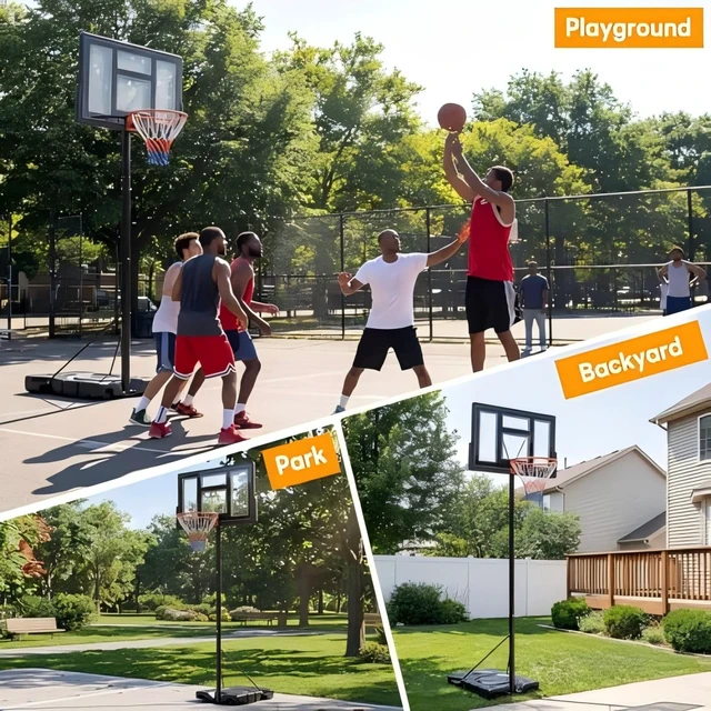 Alt view image 5 of 7 - 10FT Adjustable Height Portable Basketball Hoop Outdoor for Adult, 44 Inch Shatterproof Backboard w/Shock Absorbent Rim, Fillable Base, 2 Wheels for Swimming Pool/Indoor, Metal, Classic Black