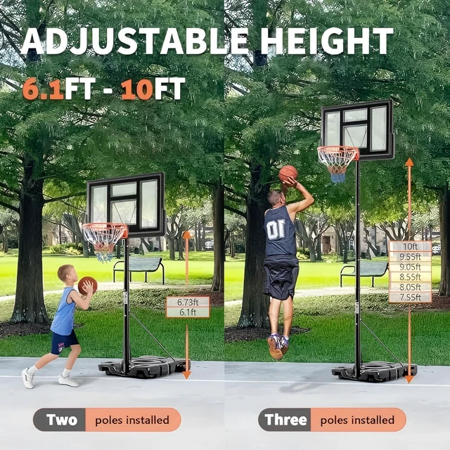 Alt view image 6 of 7 - 10FT Adjustable Height Portable Basketball Hoop Outdoor for Adult, 44 Inch Shatterproof Backboard w/Shock Absorbent Rim, Fillable Base, 2 Wheels for Swimming Pool/Indoor, Metal, Classic Black