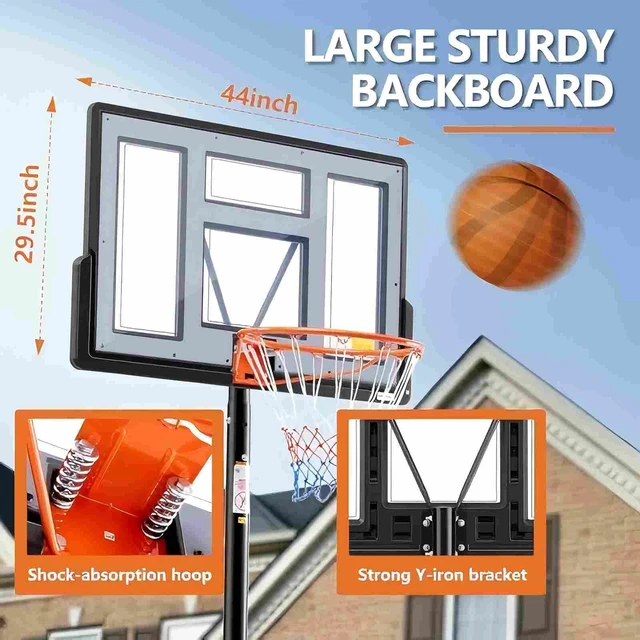 Alt view image 2 of 7 - 6.1-10FT Portable Basketball Hoop Outdoor, Adjustable Height, 44 Inch Shatterproof Backboard/Shock Absorbent Rim, Fillable Base, 2 Wheels for Backyard