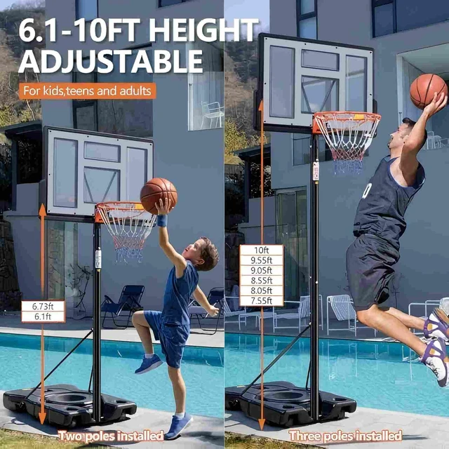 Alt view image 3 of 7 - 6.1-10FT Portable Basketball Hoop Outdoor, Adjustable Height, 44 Inch Shatterproof Backboard/Shock Absorbent Rim, Fillable Base, 2 Wheels for Backyard