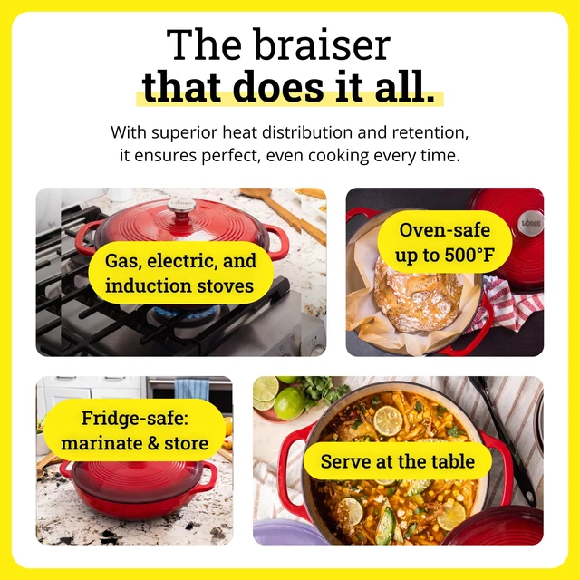 Alt view image 5 of 7 - Essential Enamel Cast Iron Braiser, 3.6 Quart, Island Spice Red | Refrigerator- & Oven-Safe up to 500°F, Induction-Safe, Heat-Retaining, Non-Toxic Enamel Braiser Cookware
