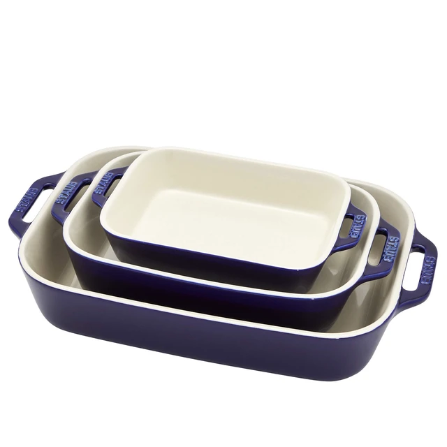 Main image of 3-Pc Ceramic Baking Dish Set, Oven Safe Up To 570°F, Dark Blue | Oven-to-Table for Lasagnas, Roasts & Apple Crisp. Dishwasher Safe Includes Baking Dish 7.5 x 6", 10.5 x 7.5" & 13 x 9"