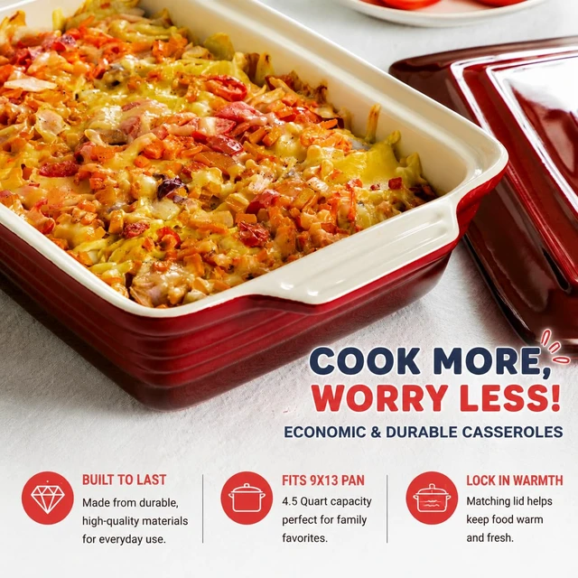 Alt view image 4 of 7 - 4.5 Quart Ceramic Casserole Dish with Lid Oven, Microwave & Dishwasher Safe Bakeware for Family Meals, Lasagna, Roasting, Rectangular Stoneware 9x13 Baking Pan, Gradient Red
