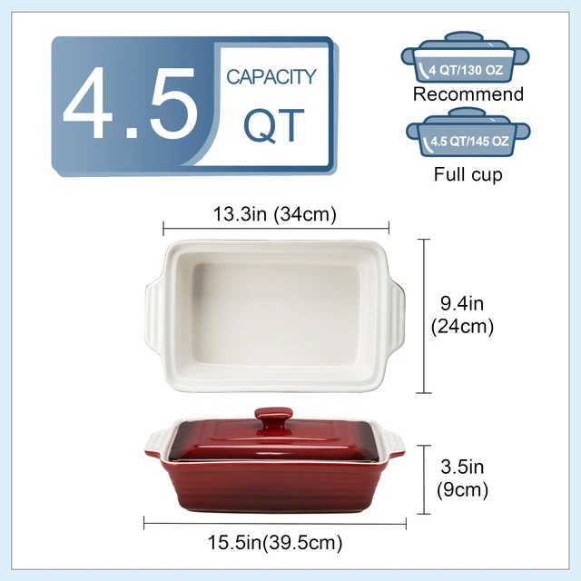 Alt view image 2 of 7 - 4.5 Quart Ceramic Casserole Dish with Lid Oven, Microwave & Dishwasher Safe Bakeware for Family Meals, Lasagna, Roasting, Rectangular Stoneware 9x13 Baking Pan, Gradient Red