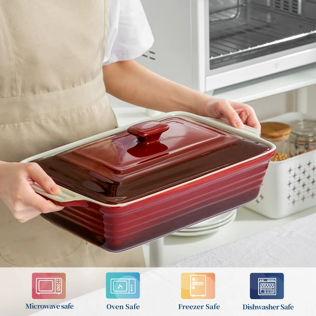 Alt view image 3 of 7 - 4.5 Quart Ceramic Casserole Dish with Lid Oven, Microwave & Dishwasher Safe Bakeware for Family Meals, Lasagna, Roasting, Rectangular Stoneware 9x13 Baking Pan, Gradient Red