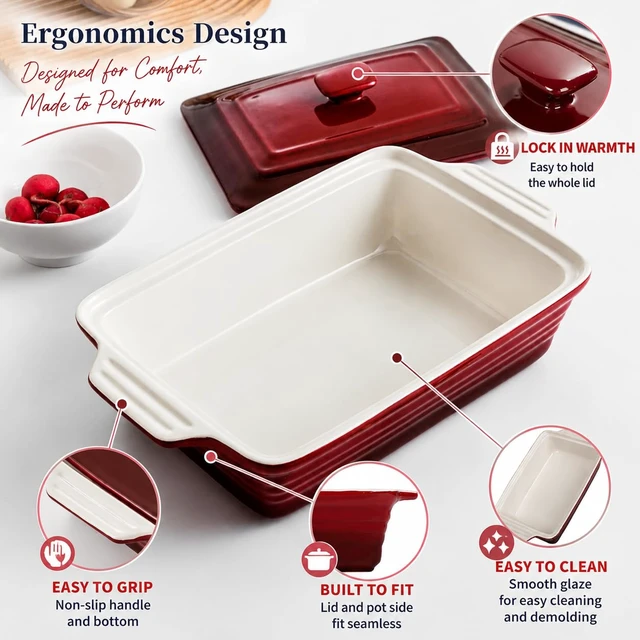 Alt view image 6 of 7 - 4.5 Quart Ceramic Casserole Dish with Lid Oven, Microwave & Dishwasher Safe Bakeware for Family Meals, Lasagna, Roasting, Rectangular Stoneware 9x13 Baking Pan, Gradient Red