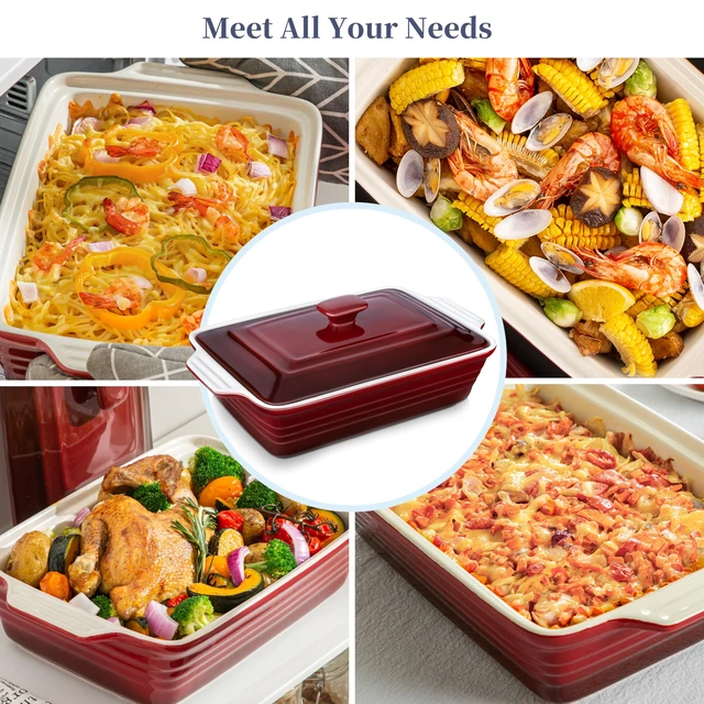 Alt view image 5 of 7 - 4.5 Quart Ceramic Casserole Dish with Lid Oven, Microwave & Dishwasher Safe Bakeware for Family Meals, Lasagna, Roasting, Rectangular Stoneware 9x13 Baking Pan, Gradient Red