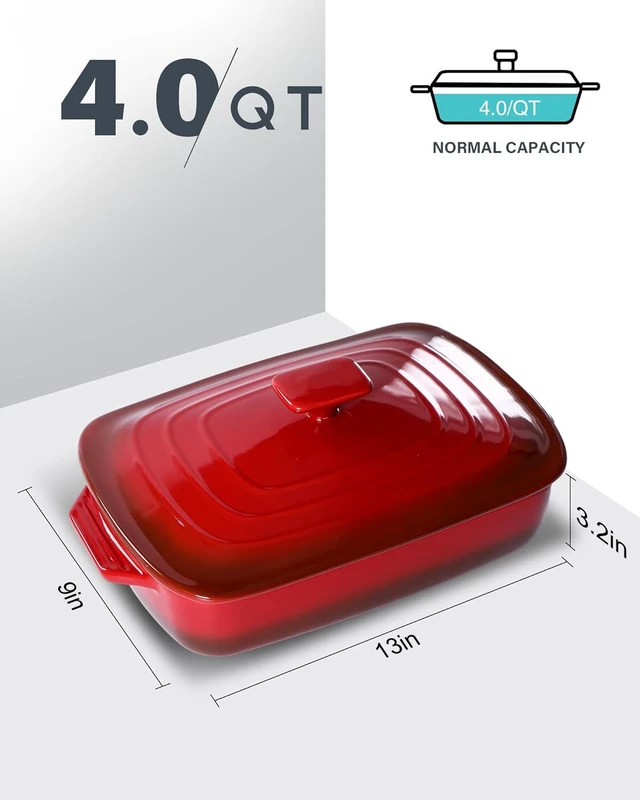 Alt view image 2 of 7 - Large Ceramic Casserole Dish with Lid, 4 QT Baking Dish,Red | 9x13 inch deep rectangular stoneware baking dish with lid, perfect for lasagna, casseroles, baking, serving, and gifting