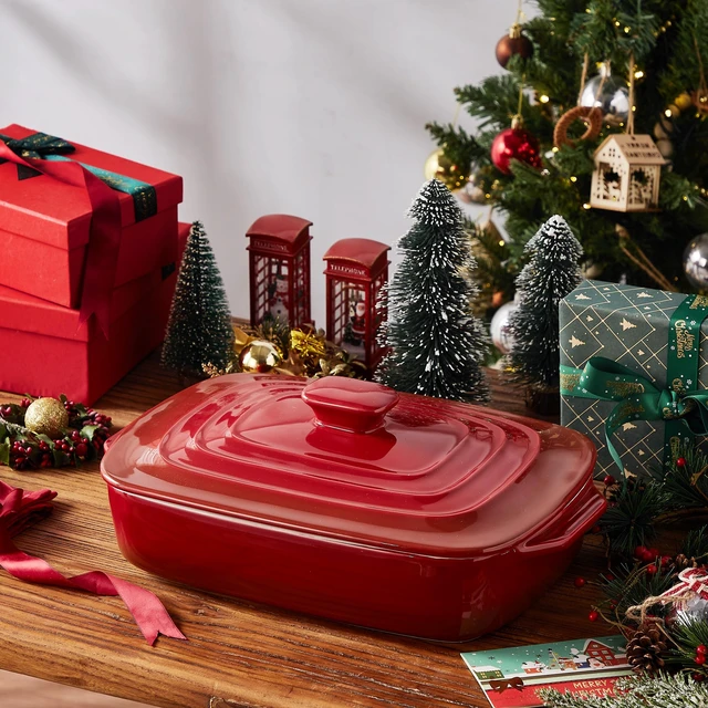 Alt view image 7 of 7 - Large Ceramic Casserole Dish with Lid, 4 QT Baking Dish,Red | 9x13 inch deep rectangular stoneware baking dish with lid, perfect for lasagna, casseroles, baking, serving, and gifting