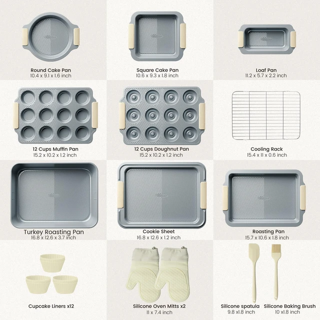 Alt view image 2 of 6 - 25-Piece Nonstick Baking Pans Set with Large Turkey Roasting Pan, Stackable Bakeware Set, 450°F Oven Safe Baking Sheet Set with Silicone Handles, Carbon Steel Cookie Sheets for Baking, Cream