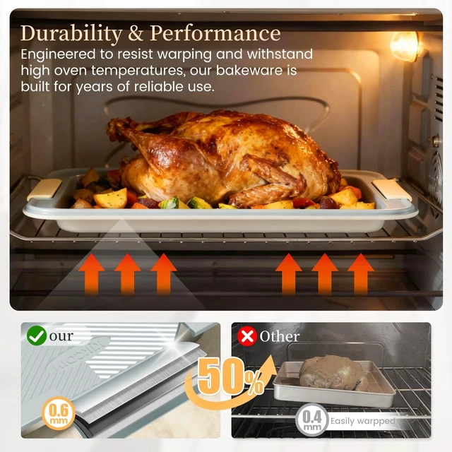 Alt view image 4 of 6 - 25-Piece Nonstick Baking Pans Set with Large Turkey Roasting Pan, Stackable Bakeware Set, 450°F Oven Safe Baking Sheet Set with Silicone Handles, Carbon Steel Cookie Sheets for Baking, Cream