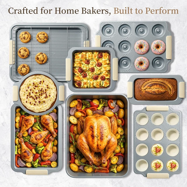 Alt view image 6 of 6 - 25-Piece Nonstick Baking Pans Set with Large Turkey Roasting Pan, Stackable Bakeware Set, 450°F Oven Safe Baking Sheet Set with Silicone Handles, Carbon Steel Cookie Sheets for Baking, Cream