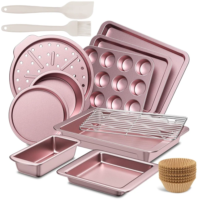 Main image of Bakeware Sets, Baking Pans Set, 12 Pieces Nonstick Oven Pan with 120 Muffin Liners for Kitchen, Wider Grips, Including Rack, Cookie Sheet, Cake, Loaf, Muffin, Pizza Pan - Pink