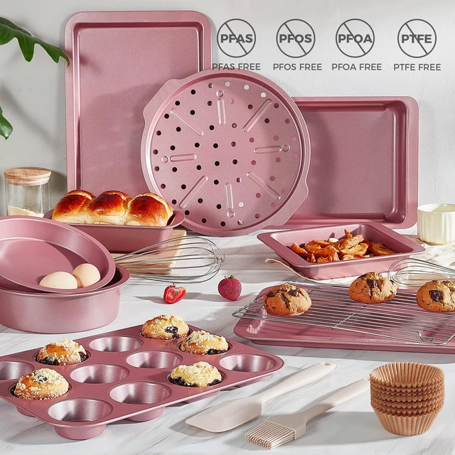 Alt view image 2 of 7 - Bakeware Sets, Baking Pans Set, 12 Pieces Nonstick Oven Pan with 120 Muffin Liners for Kitchen, Wider Grips, Including Rack, Cookie Sheet, Cake, Loaf, Muffin, Pizza Pan - Pink