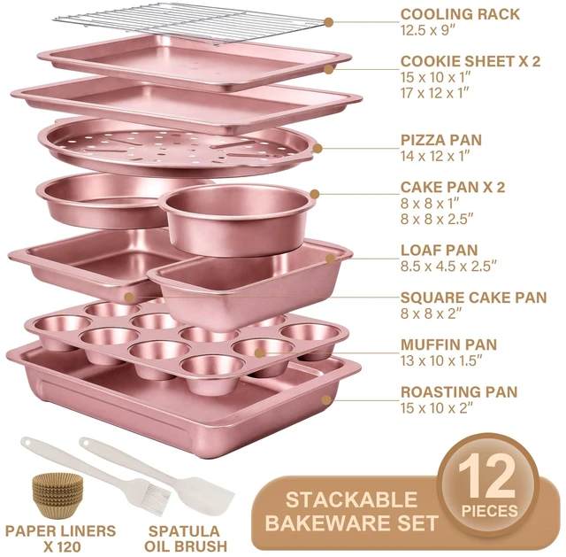 Alt view image 4 of 7 - Bakeware Sets, Baking Pans Set, 12 Pieces Nonstick Oven Pan with 120 Muffin Liners for Kitchen, Wider Grips, Including Rack, Cookie Sheet, Cake, Loaf, Muffin, Pizza Pan - Pink
