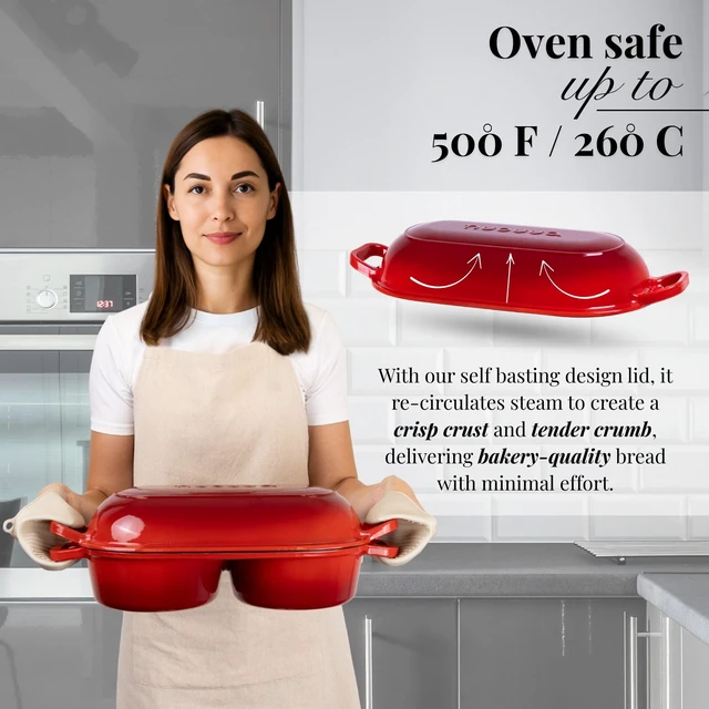 Alt view image 3 of 6 - Dutch Oven For Sourdough Bread Baking Enamelled Cast Iron Bread Loaf Pot 500°F Oven Safe Non Stick Bread Pot Double Round Loaf Space, 16.5cm Diameter, Red