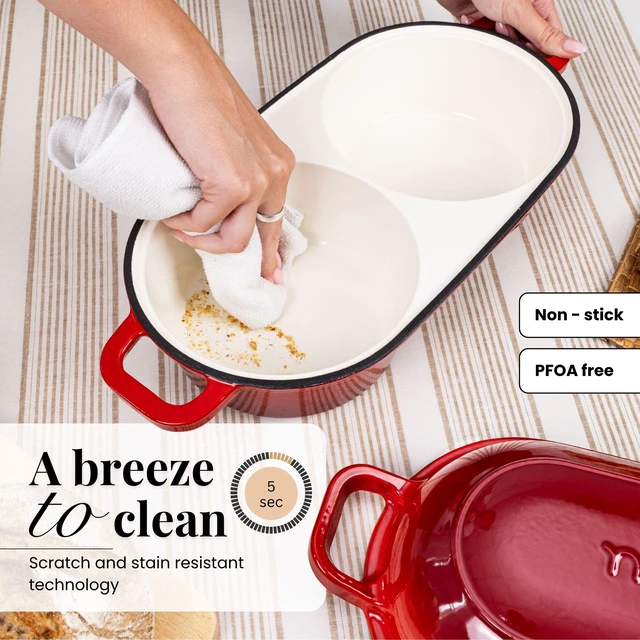 Alt view image 4 of 6 - Dutch Oven For Sourdough Bread Baking Enamelled Cast Iron Bread Loaf Pot 500°F Oven Safe Non Stick Bread Pot Double Round Loaf Space, 16.5cm Diameter, Red