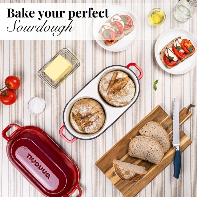 Alt view image 5 of 6 - Dutch Oven For Sourdough Bread Baking Enamelled Cast Iron Bread Loaf Pot 500°F Oven Safe Non Stick Bread Pot Double Round Loaf Space, 16.5cm Diameter, Red