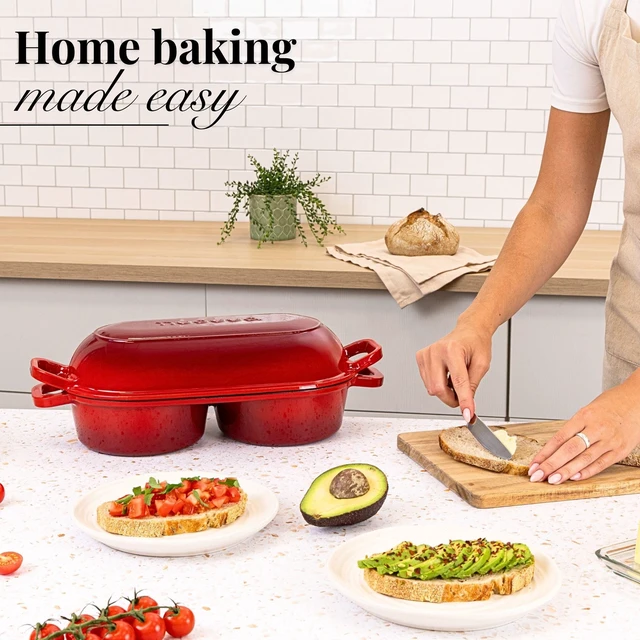 Alt view image 6 of 6 - Dutch Oven For Sourdough Bread Baking Enamelled Cast Iron Bread Loaf Pot 500°F Oven Safe Non Stick Bread Pot Double Round Loaf Space, 16.5cm Diameter, Red