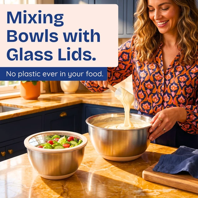 Alt view image 2 of 6 - Non-Toxic Stainless Steel Mixing Bowls, Glass Lids, Plastic Free, 5-Pcs | LFGB platinum silicone seal. Keeps food fresh longer. Airtight. Non-slip silicone base. Dishwasher safe. Measurement marks.