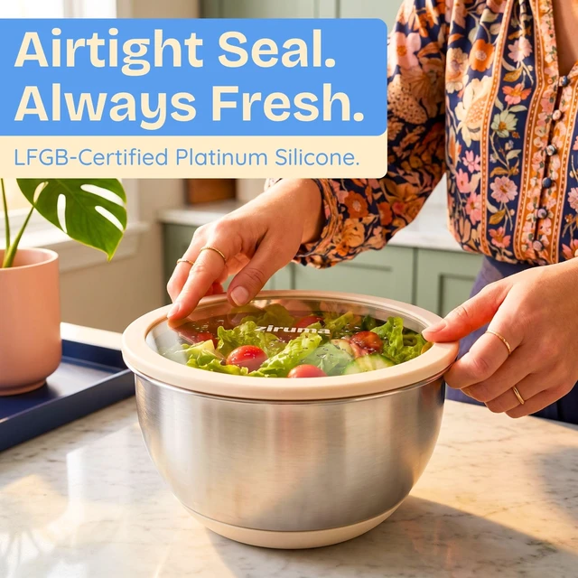 Alt view image 4 of 6 - Non-Toxic Stainless Steel Mixing Bowls, Glass Lids, Plastic Free, 5-Pcs | LFGB platinum silicone seal. Keeps food fresh longer. Airtight. Non-slip silicone base. Dishwasher safe. Measurement marks.